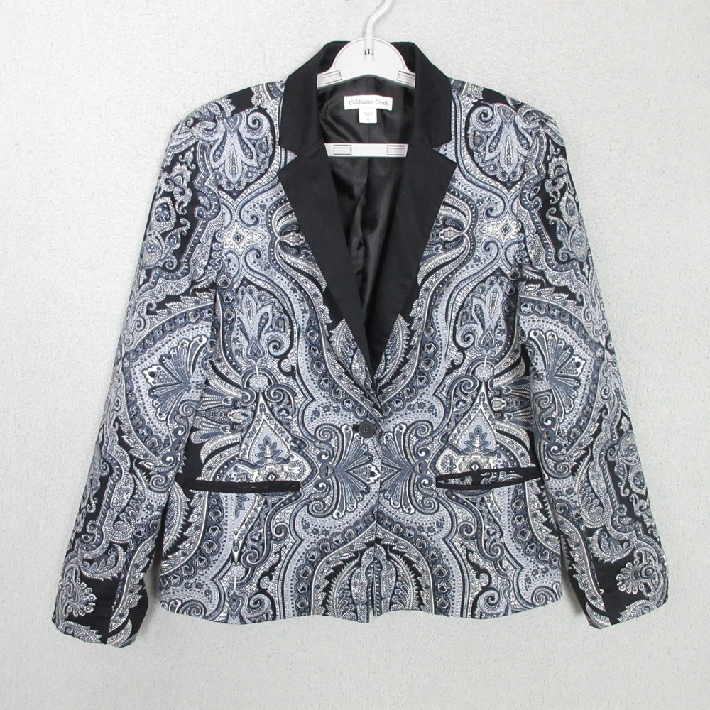 Coldwater Creek Paisley Blazer Womens 12 Blue White Black Notched Lapel Cotton